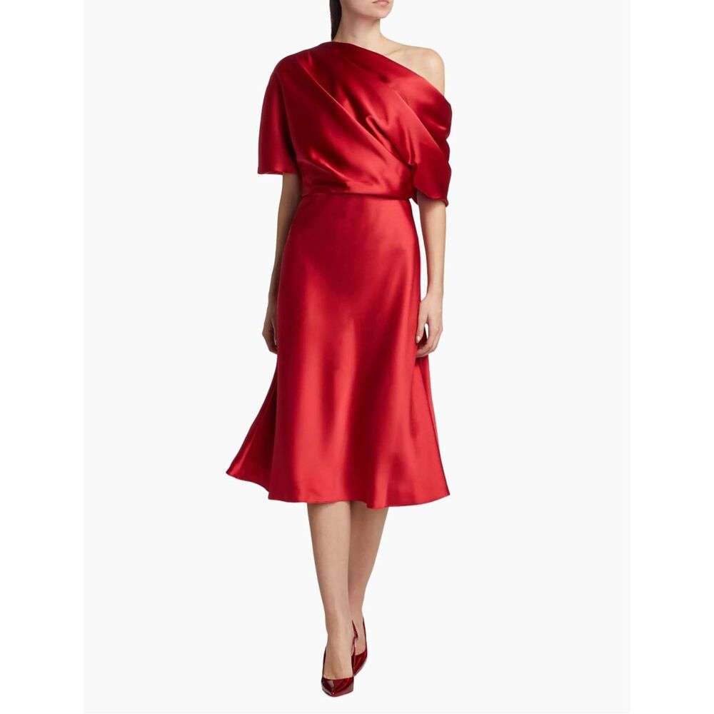 Amsale Red Satin One-Shoulder Midi Dress with Draped Bodice